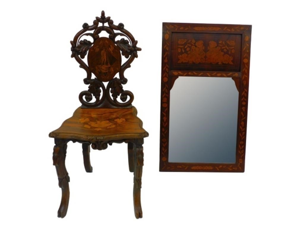 CARVED AND INLAID MIRROR AND CHAIR.