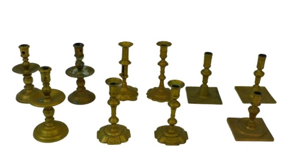 (10) BRASS CANDLESTICKS. 17TH,