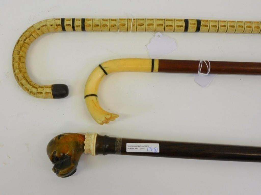 (3) SCRIMSHAW WALKING STICKS. 19TH CENTURY.