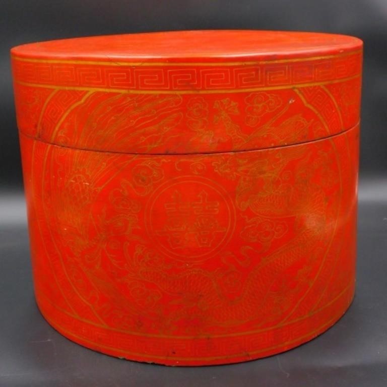 RED AND GOLD MANDARIN HAT BOX  3c8e1d