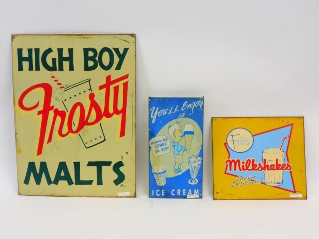 THREE METAL ADVERTISING SIGNS TO