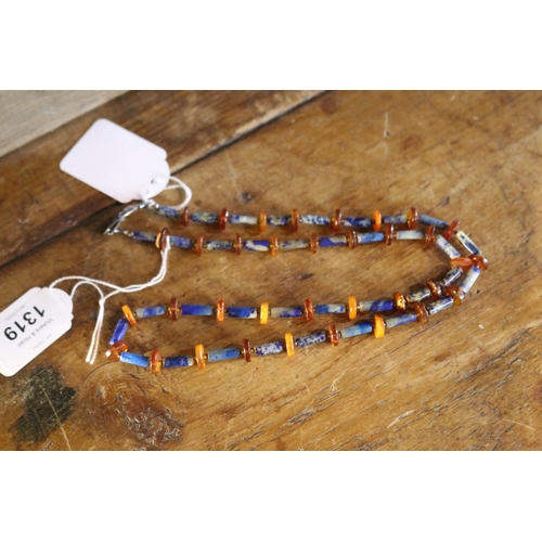 Lapis and amber necklace with beaten