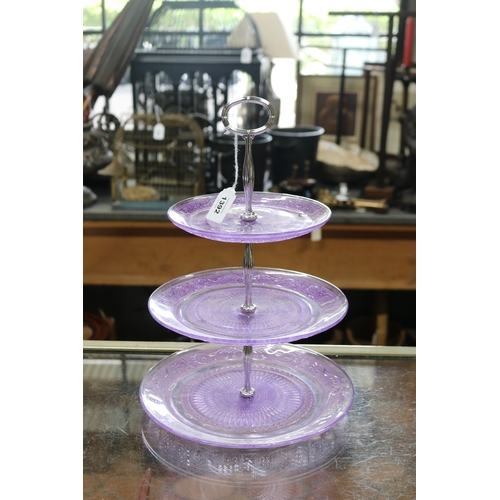 Three tiered pressed purple glass