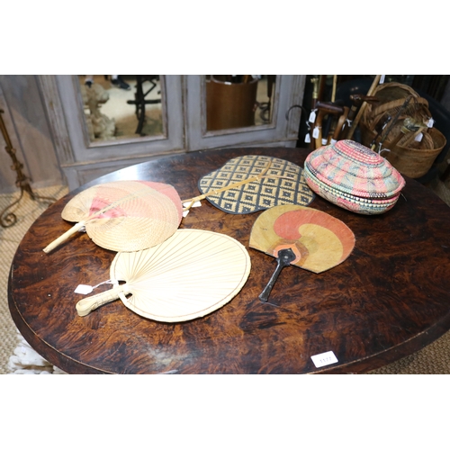 Hand fans and oval lidded box, approx