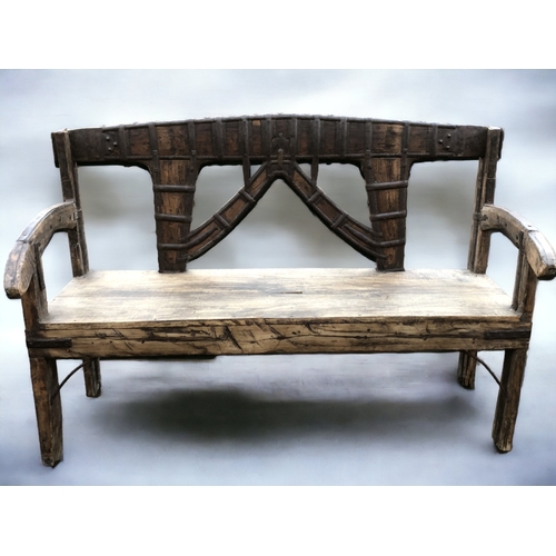 ANTIQUE METAL BOUND HARDWOOD BENCH  3c934a