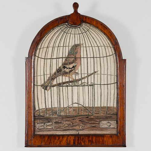 ENGLISH OAK AND NEEDLEWORK BIRD CAGE