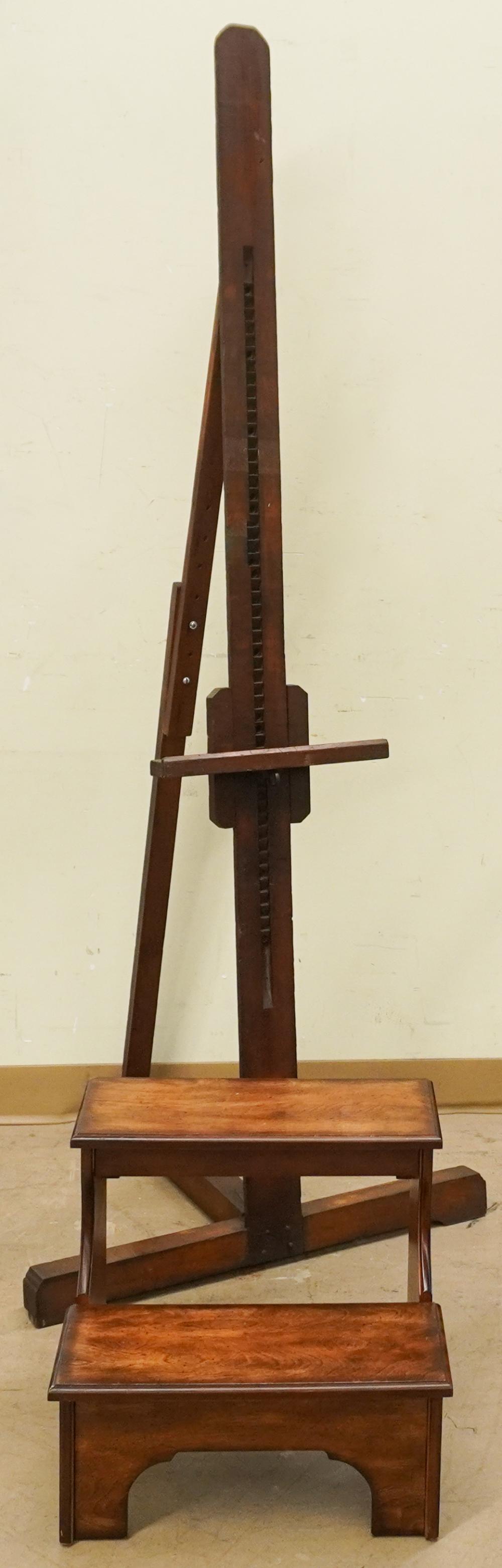 FRUITWOOD EASEL AND STEPSTOOL,