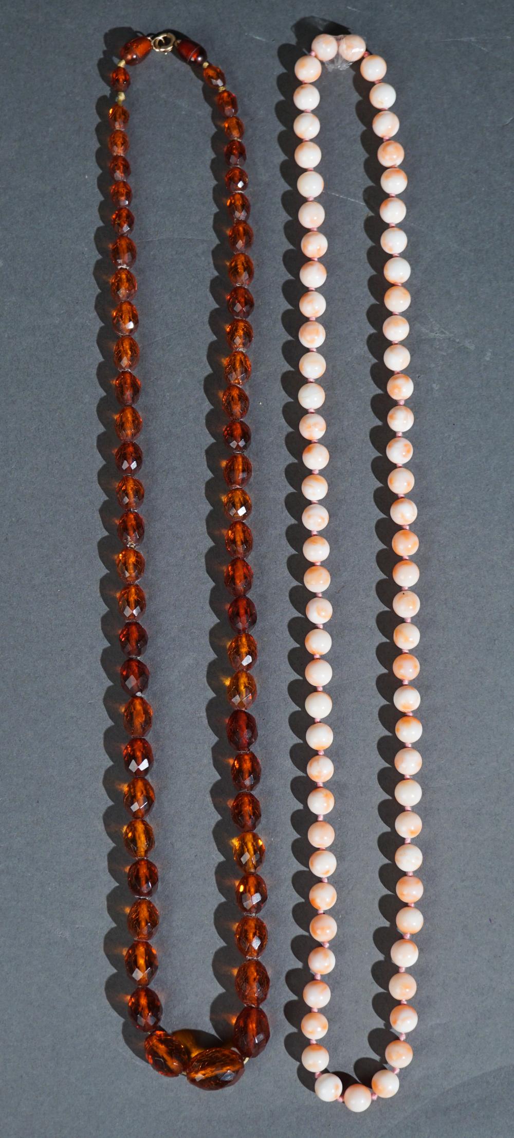 CORAL BEAD NECKLACE AND A AMBER