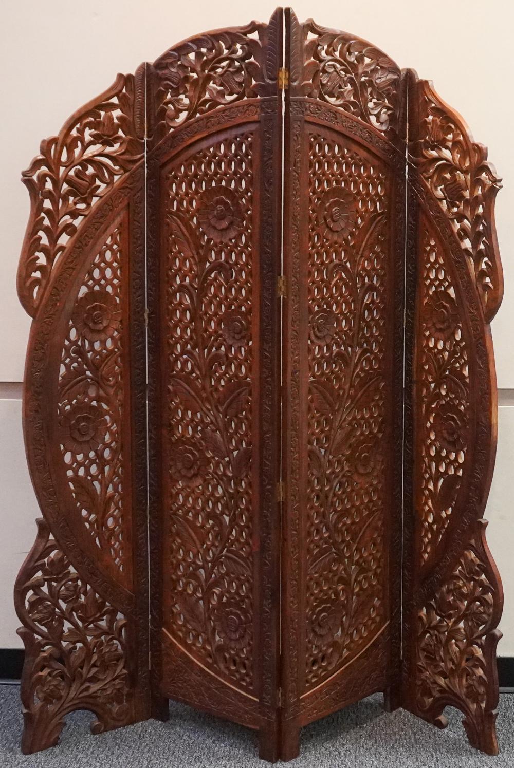 INDIAN CARVED TEAK FOUR-FOLD SCREEN,