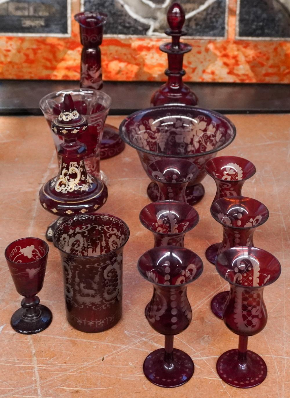 GROUP OF CRANBERRY-TO-CLEAR GLASS