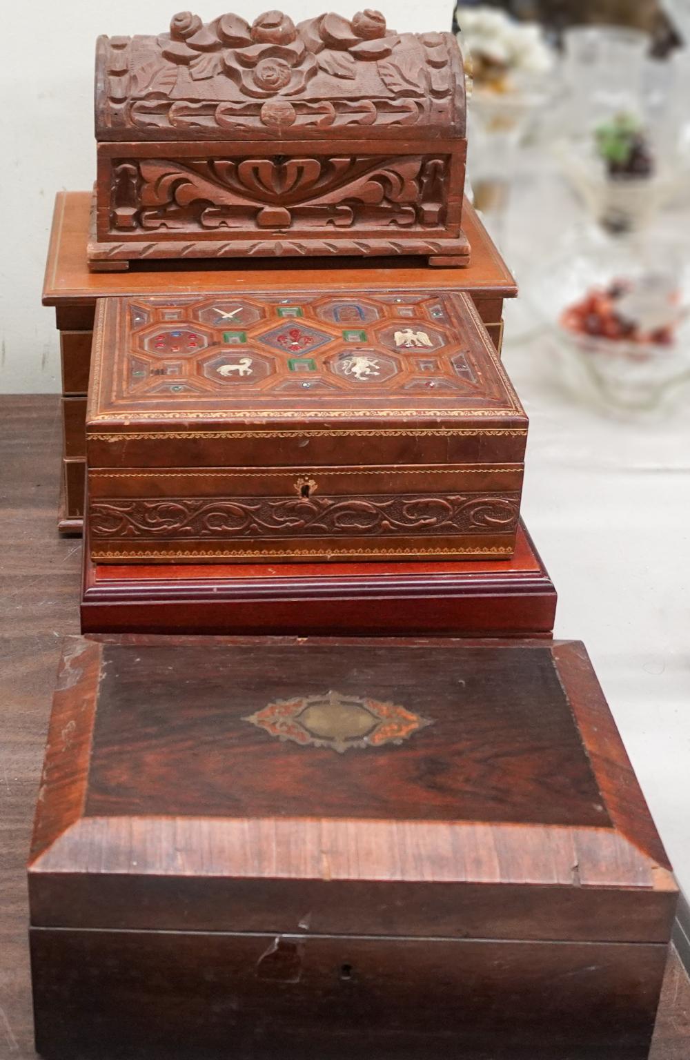 GROUP OF WOOD HINGED TABLE BOXES