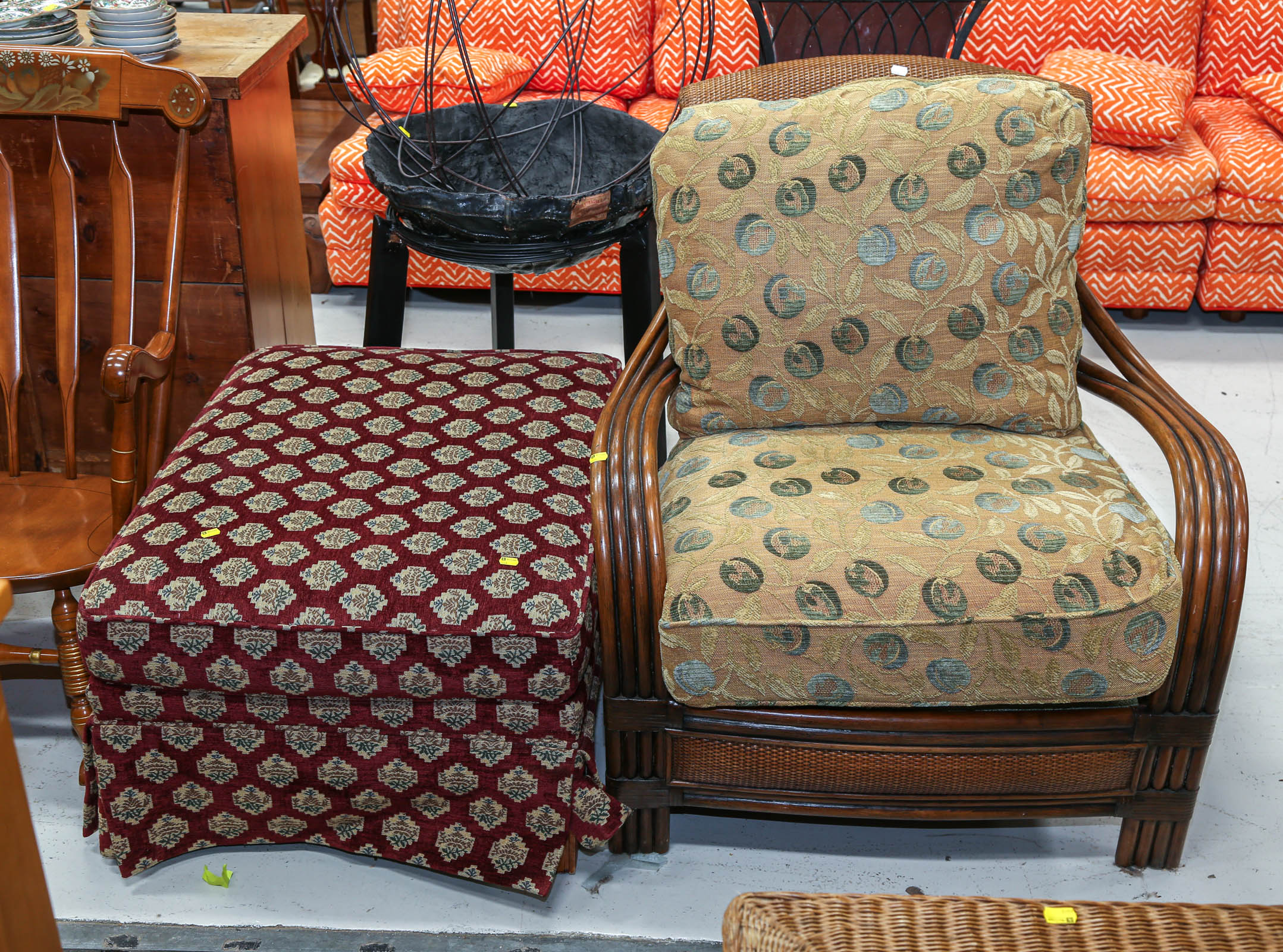 WOVEN RATTAN ARMCHAIR & AN OTTOMAN