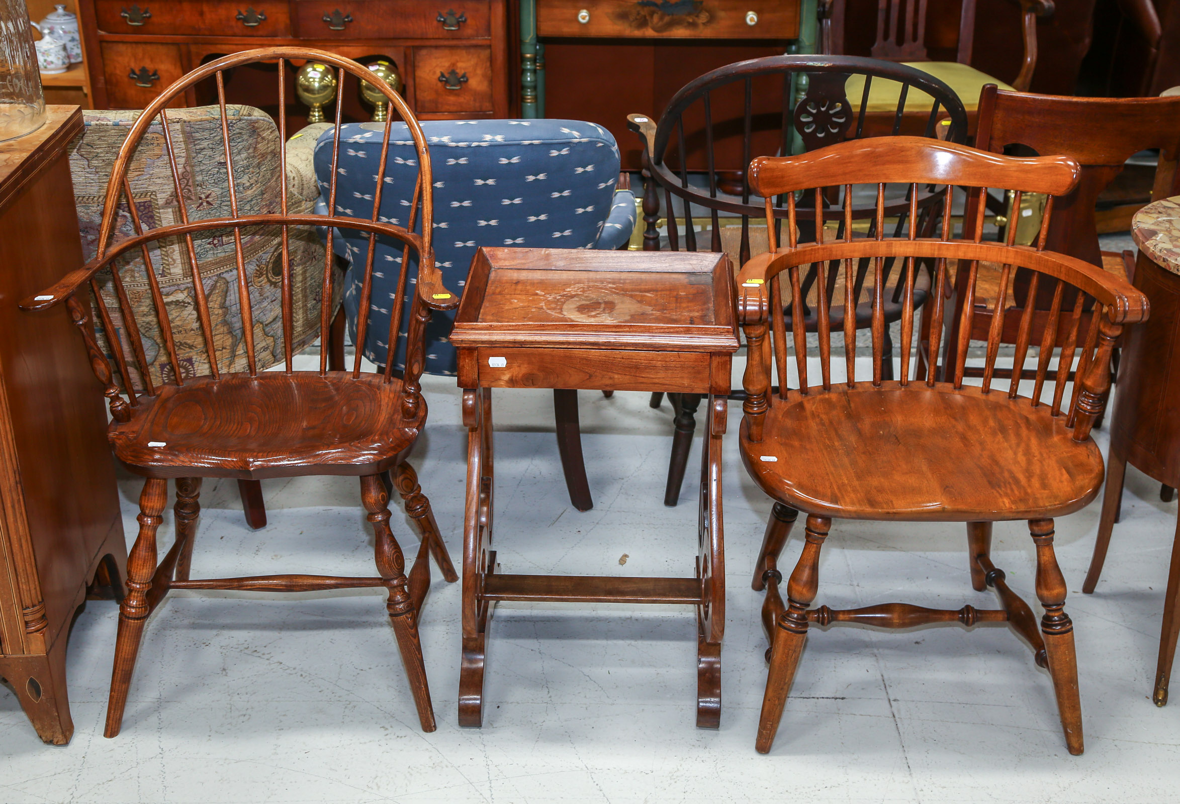 TWO WINDSOR CHAIRS A WORK TABLE 3c7601