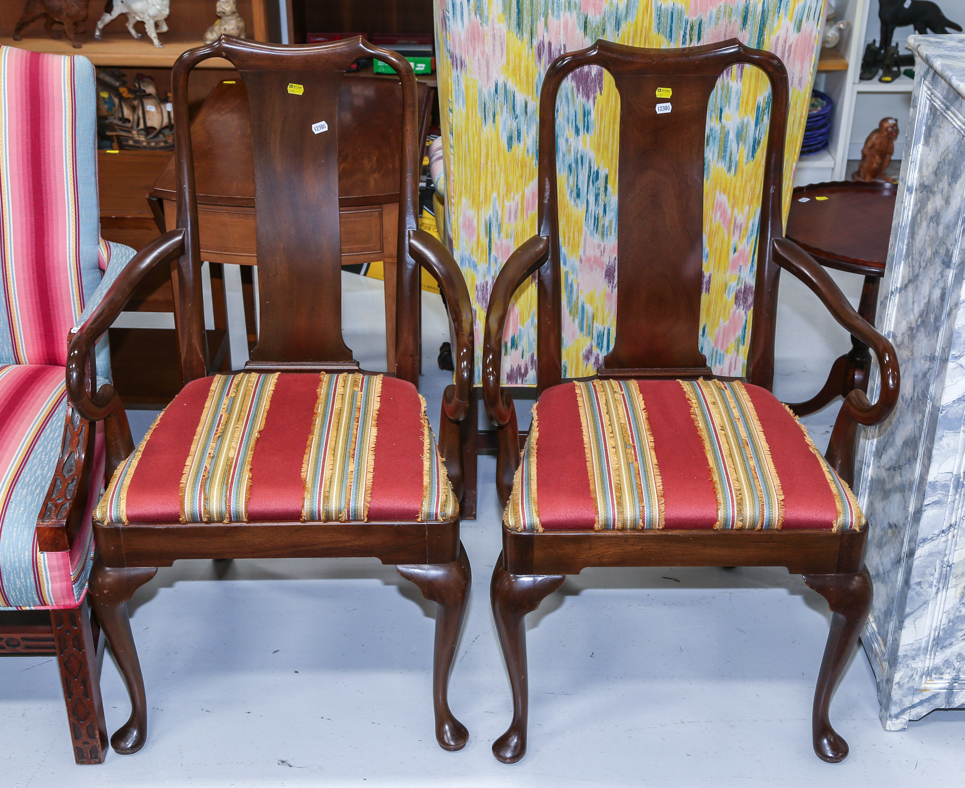 A PAIR OF QUEEN ANNE STYLE ARMCHAIRS