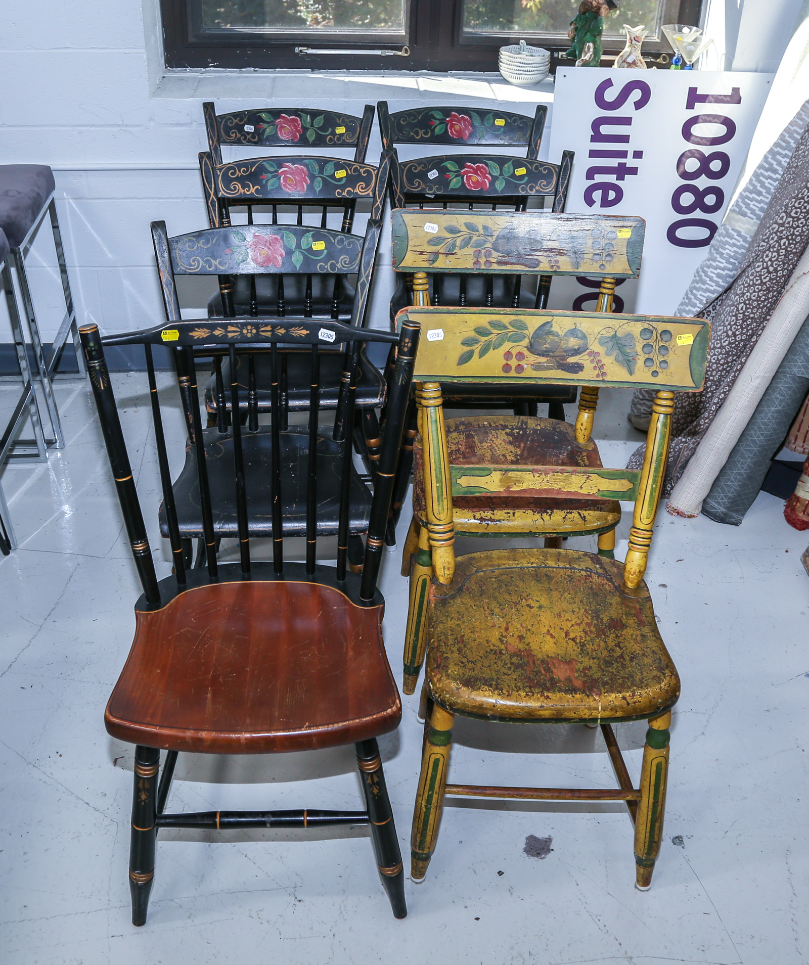 EIGHT PAINT DECORATED SIDE CHAIRS Including