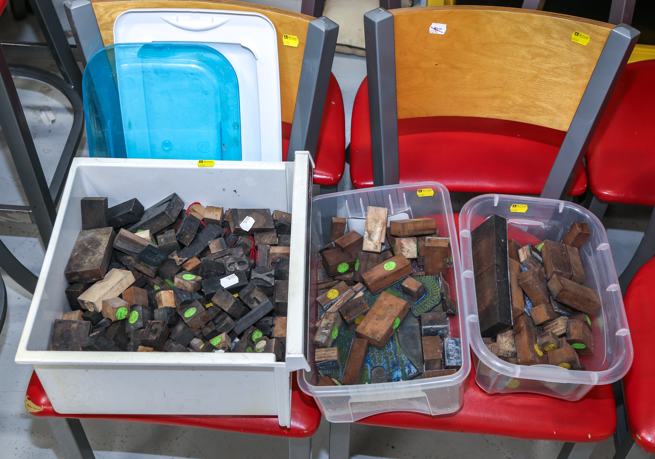 THREE CONTAINERS OF PRINTERS BLOCKS