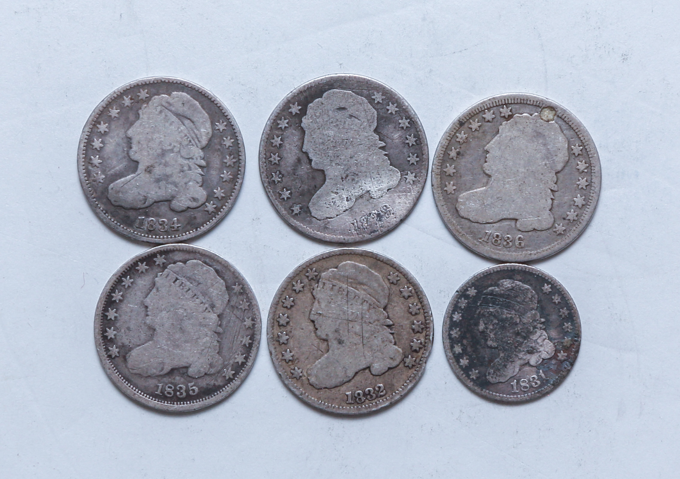 FIVE CAPPED BUST DIMES, 1 BUST