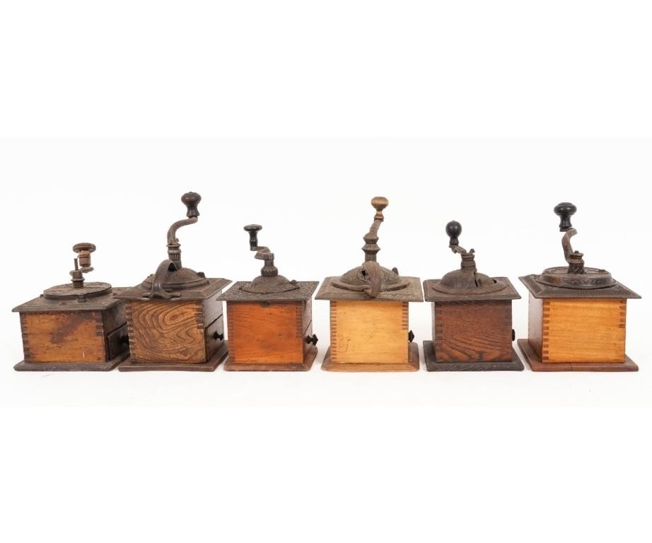 Six box coffee mills circa 1880