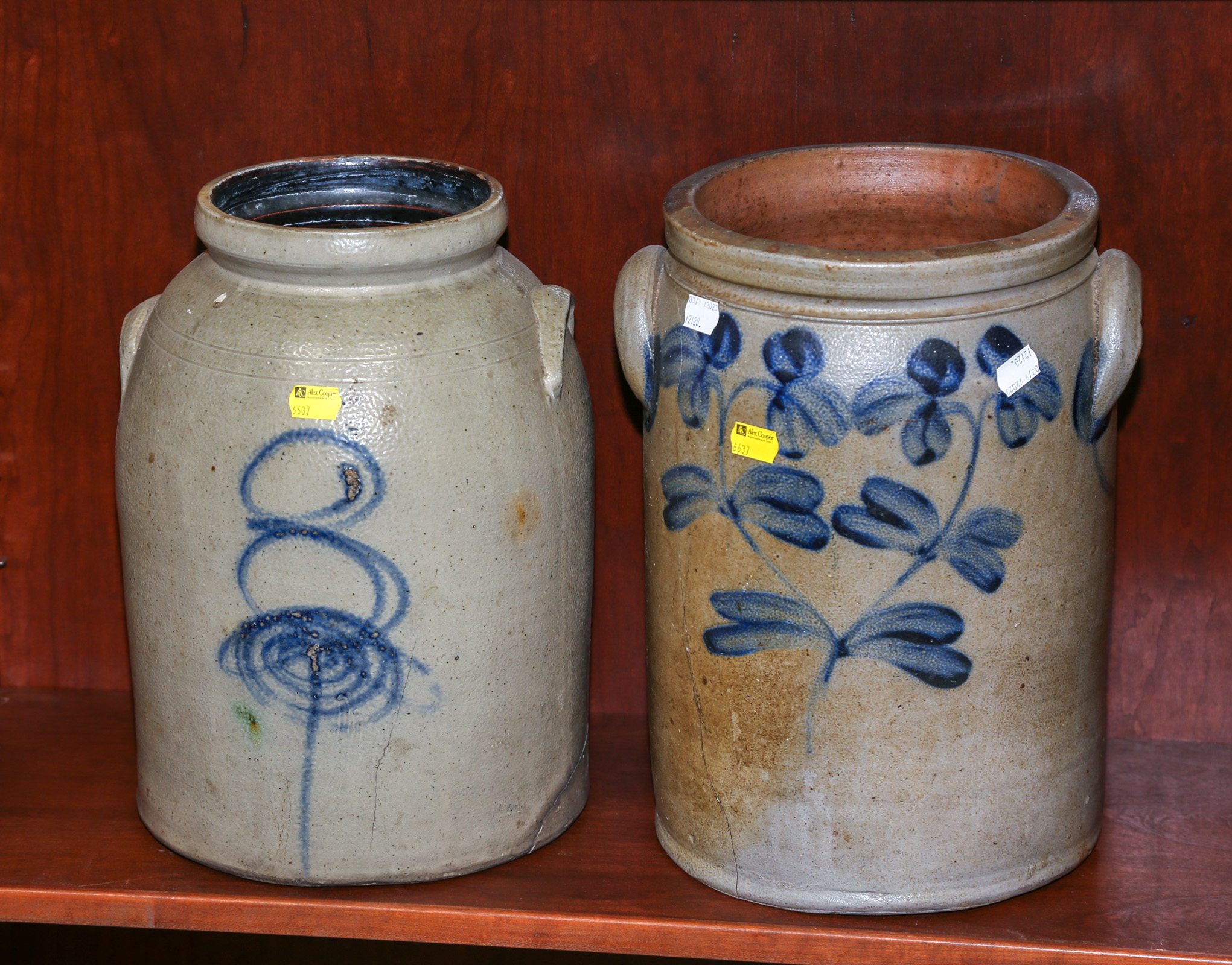 TWO LARGE COBALT DECORATED CROCKS