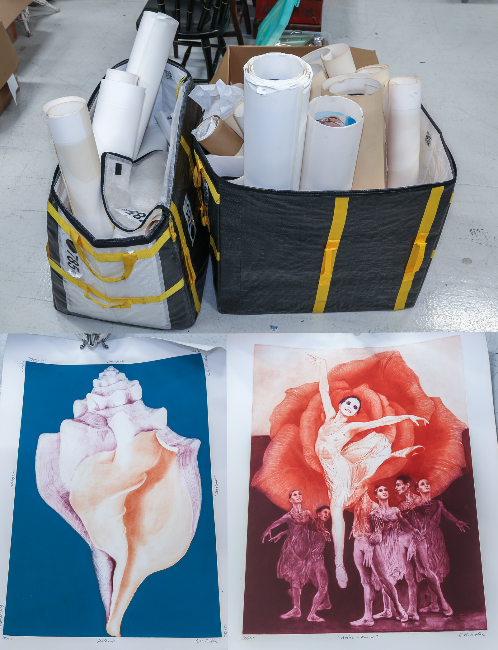 TWO LARGE TOTES OF UNFRAMED ARTWORKS 3c782b