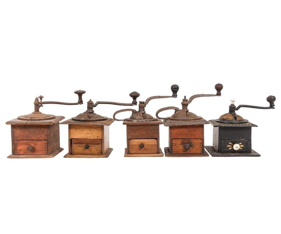 Five box coffee grinders all late 3c7880