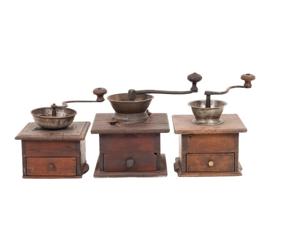 Three early wood and pewter box coffee