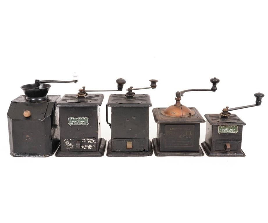 Five tin box coffee grinders to