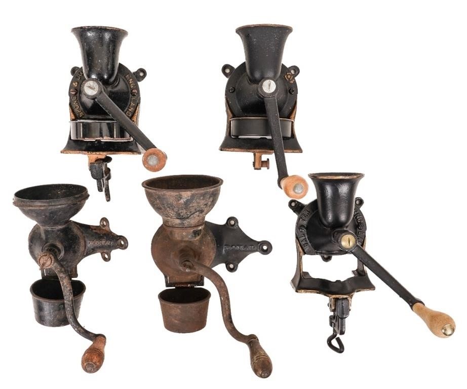 Five cast iron coffee grinders,