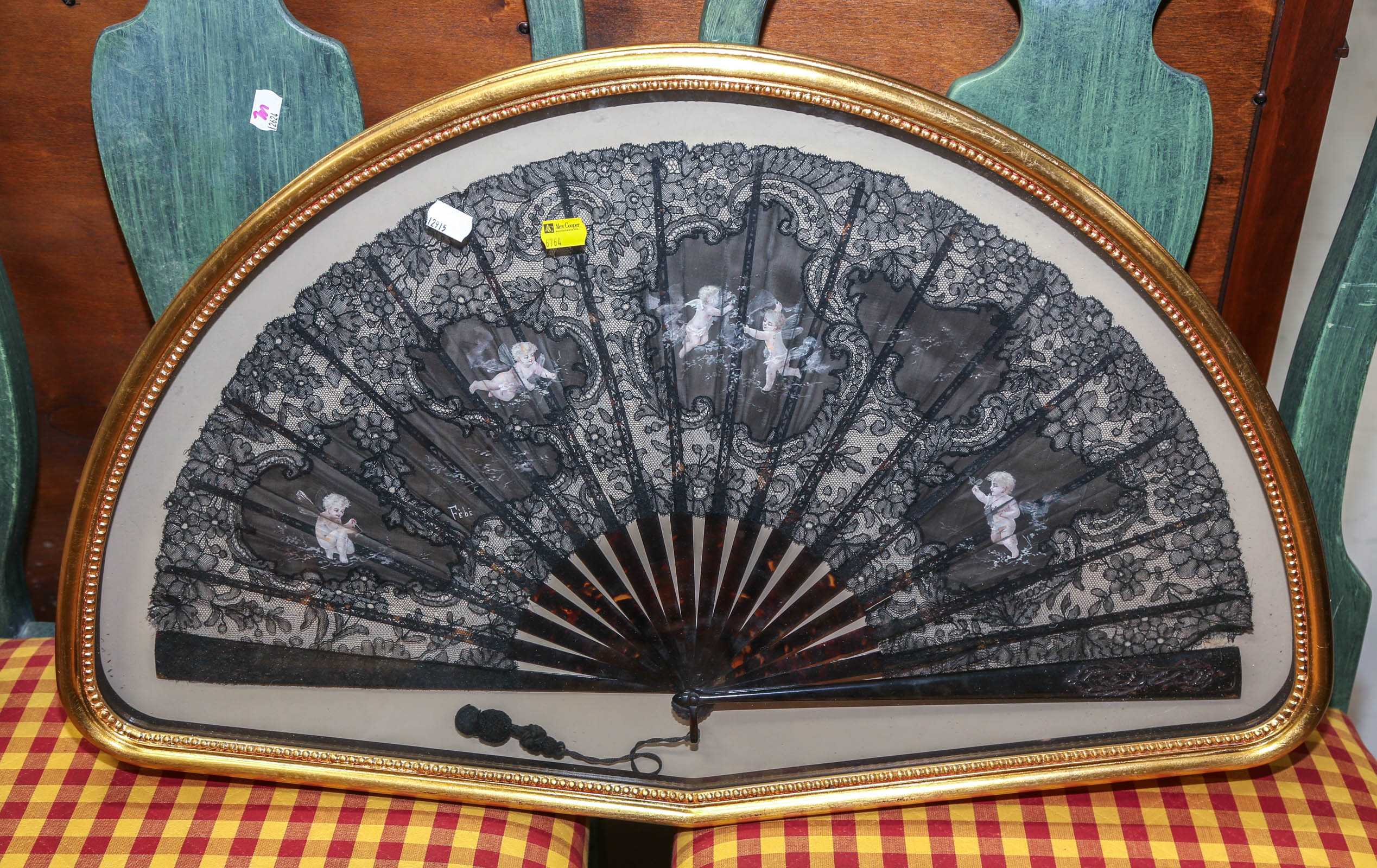 LARGE ANTIQUE LADIES HAND FAN Signed 3c7908