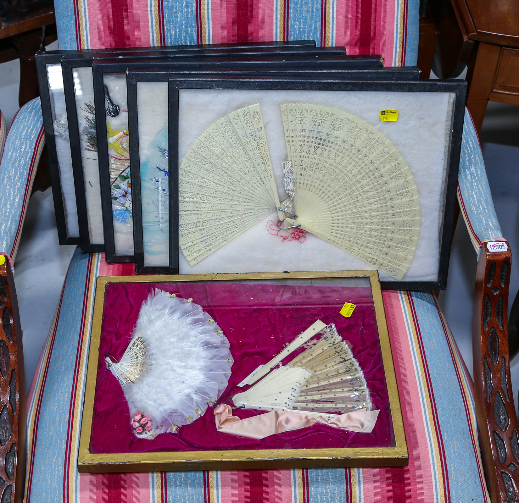 12 FRAMED HAND FANS Primarily early