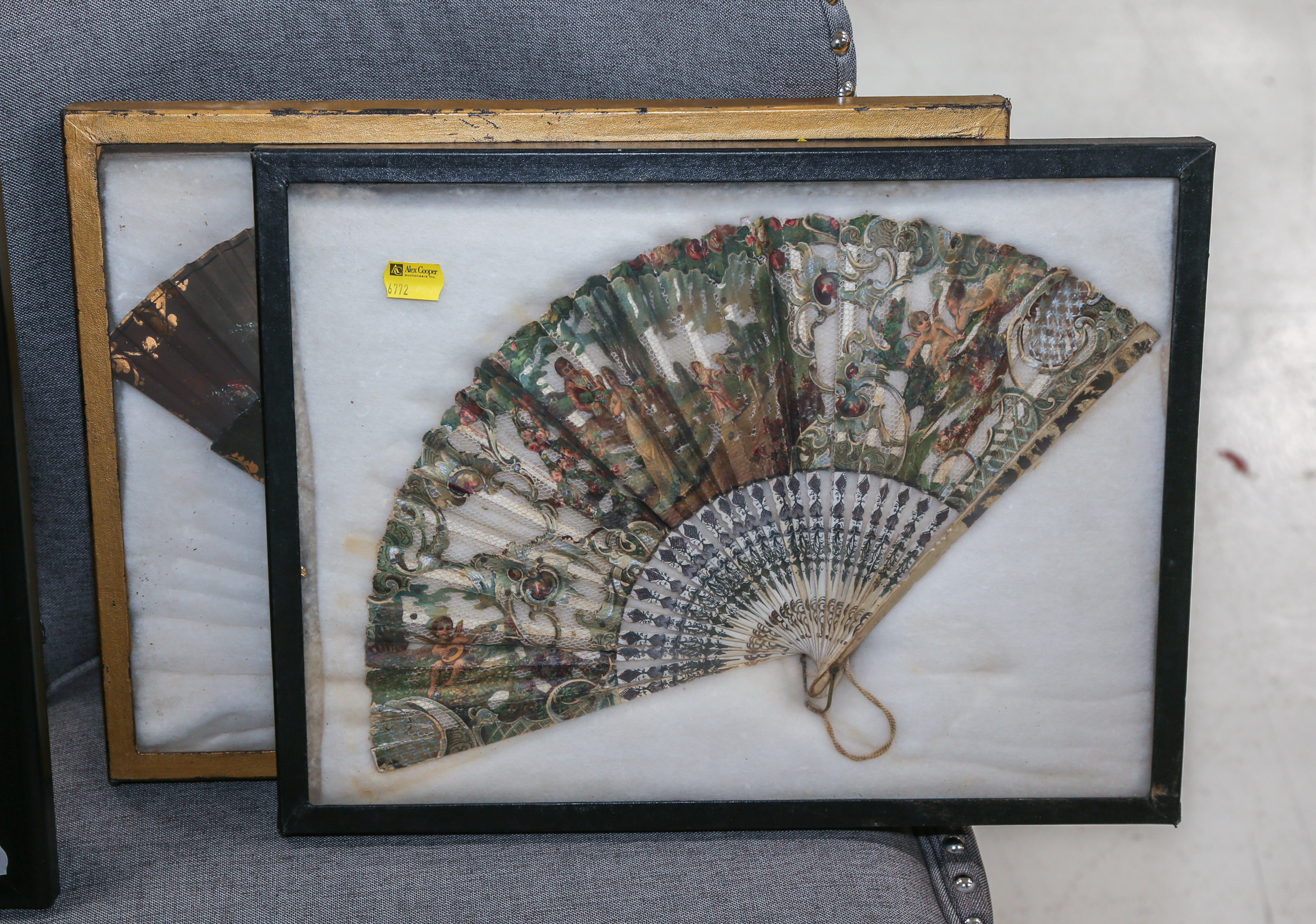 TWO FRAMED HAND FANS 19th century; each