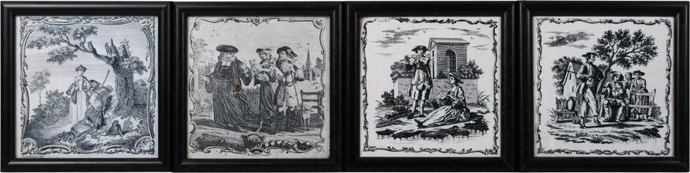 FOUR LIVERPOOL DELFTWARE BLACK TRANSFER-PRINTED