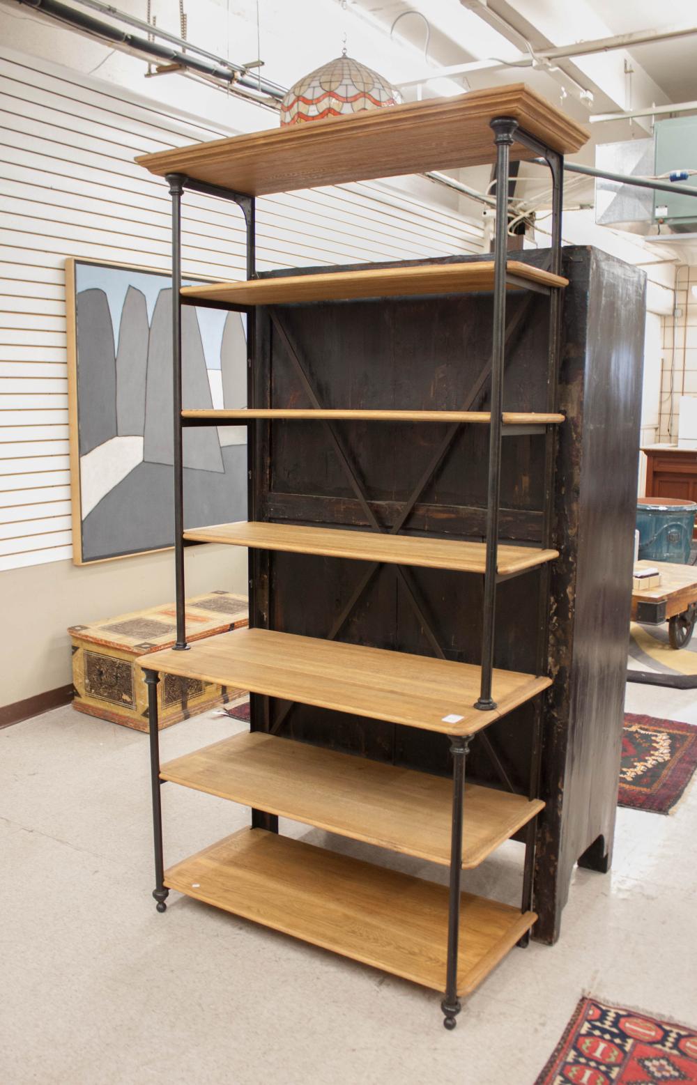 AN IRON ETAGERE WITH OAK SHELVESAN 3c7afb