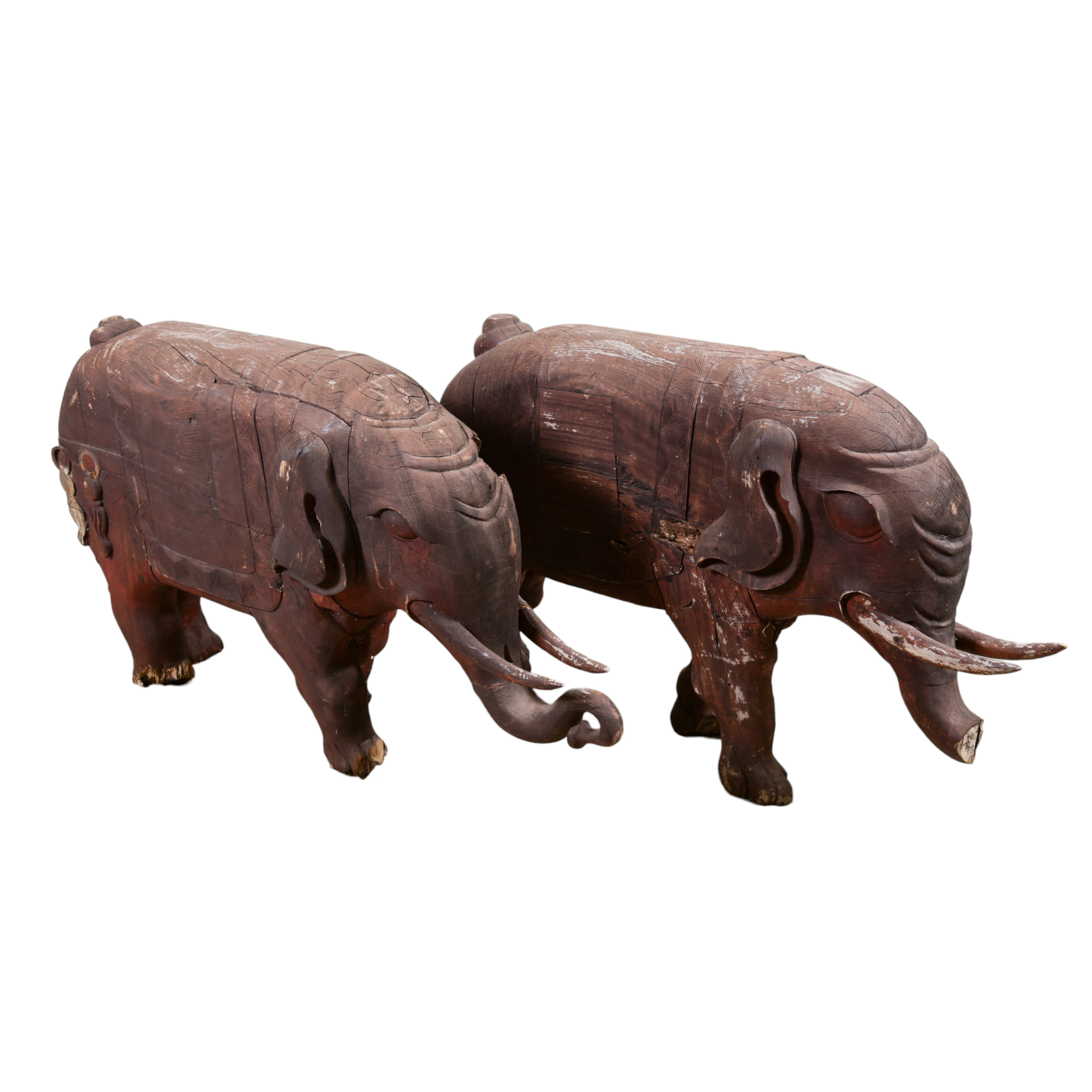 Pair carved wood elephants, according