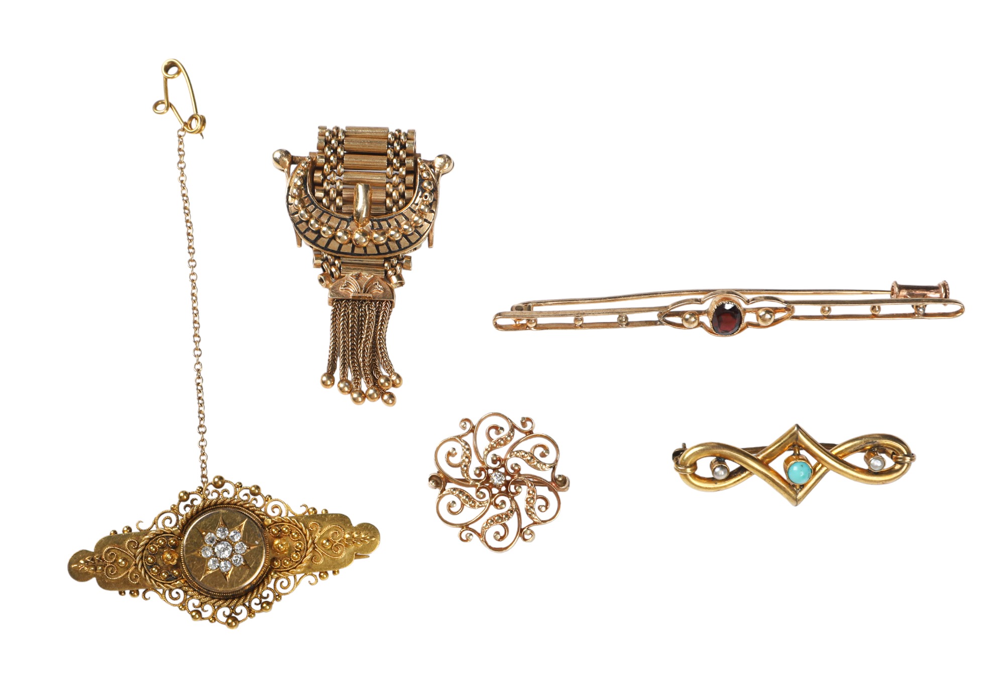 (5) Victorian gold brooches to