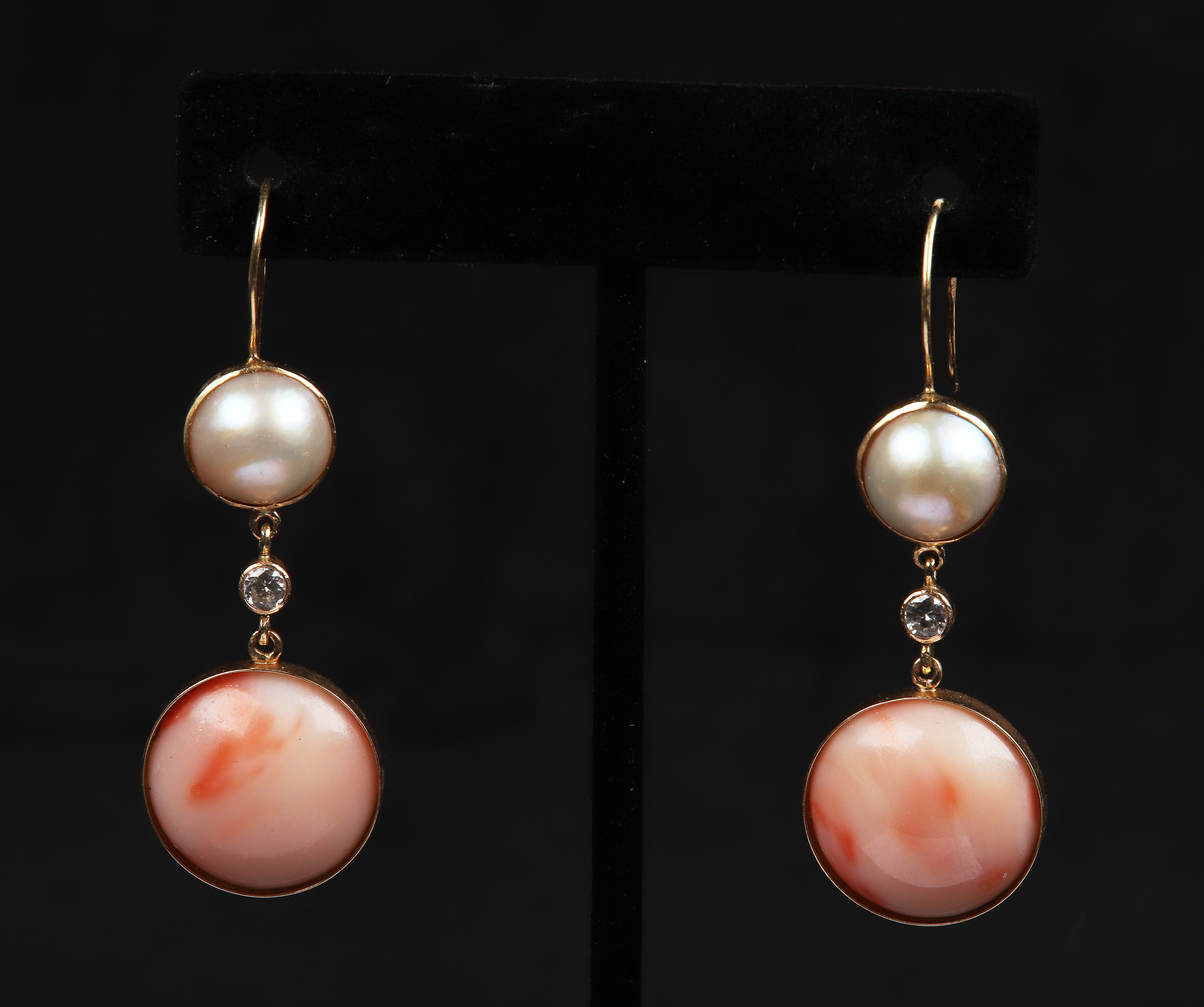 Coral pearl and diamond drop earrings  3ca425