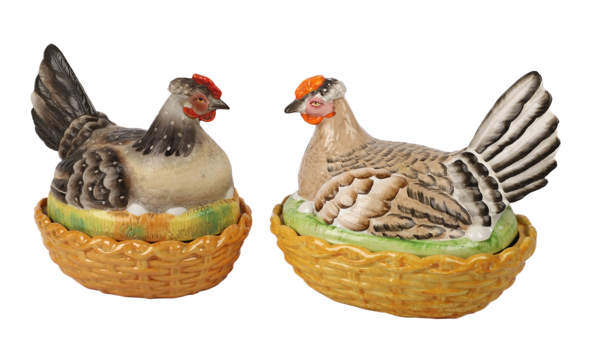 (2) Polychrome porcelain hens on