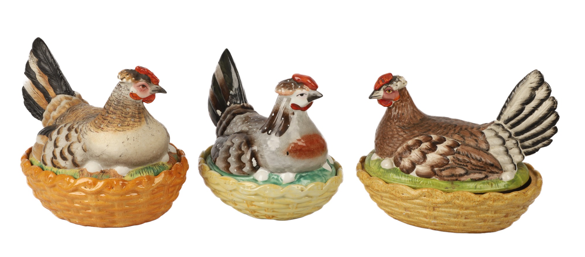 (3) Polychrome porcelain hens on