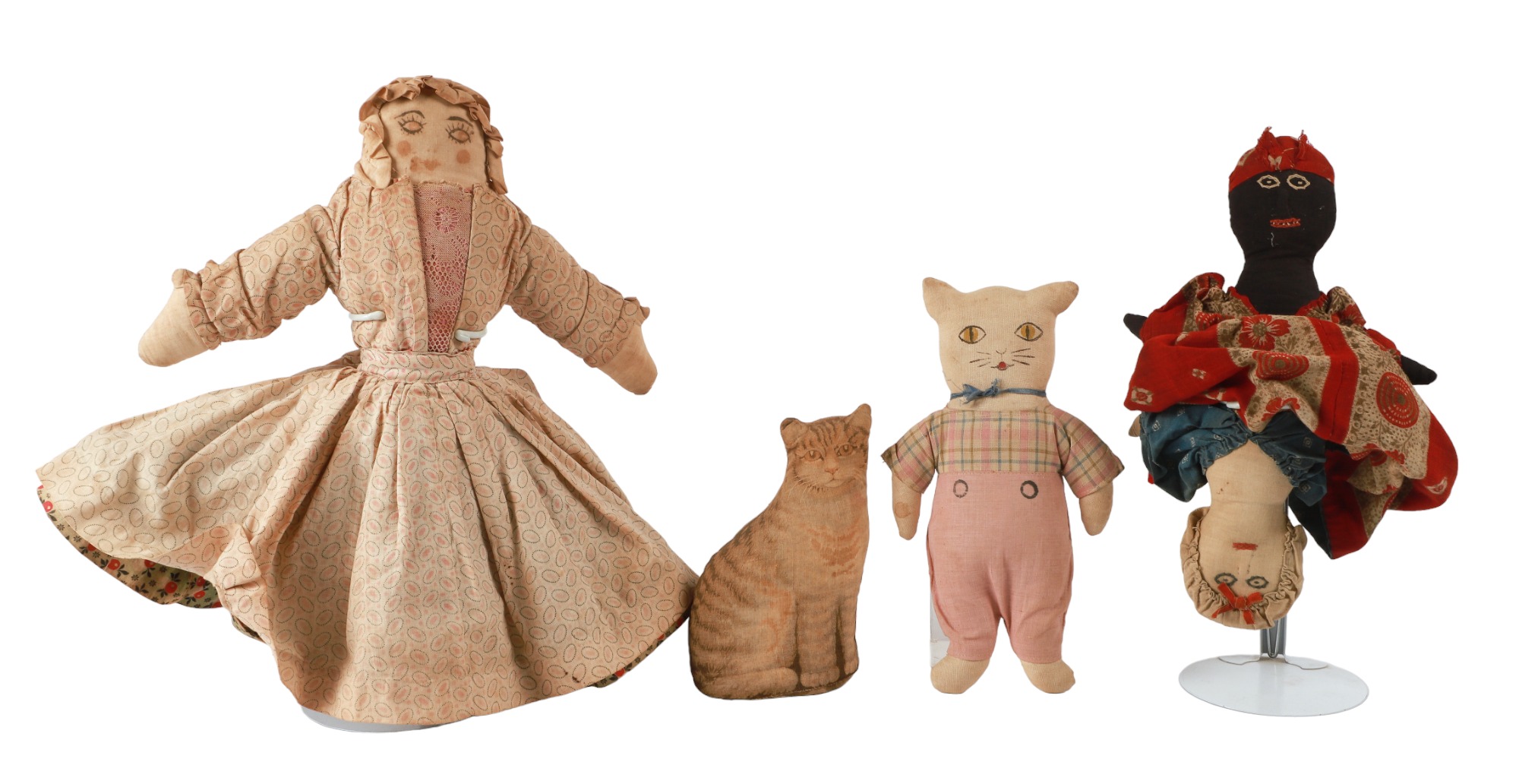 (4) 19th C rag dolls, c/o white