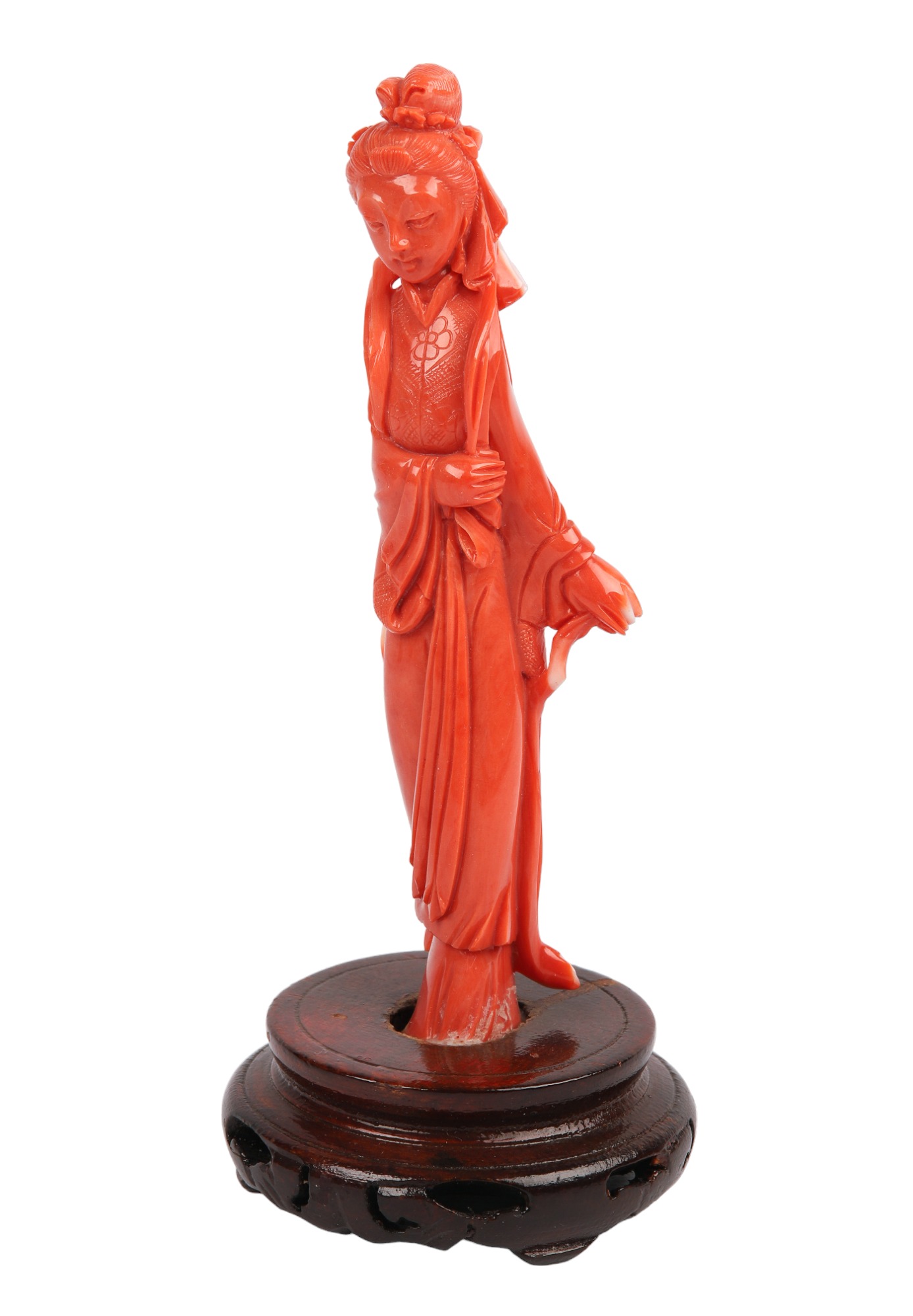 Carved Red Coral Quanyin Figure  3ca539