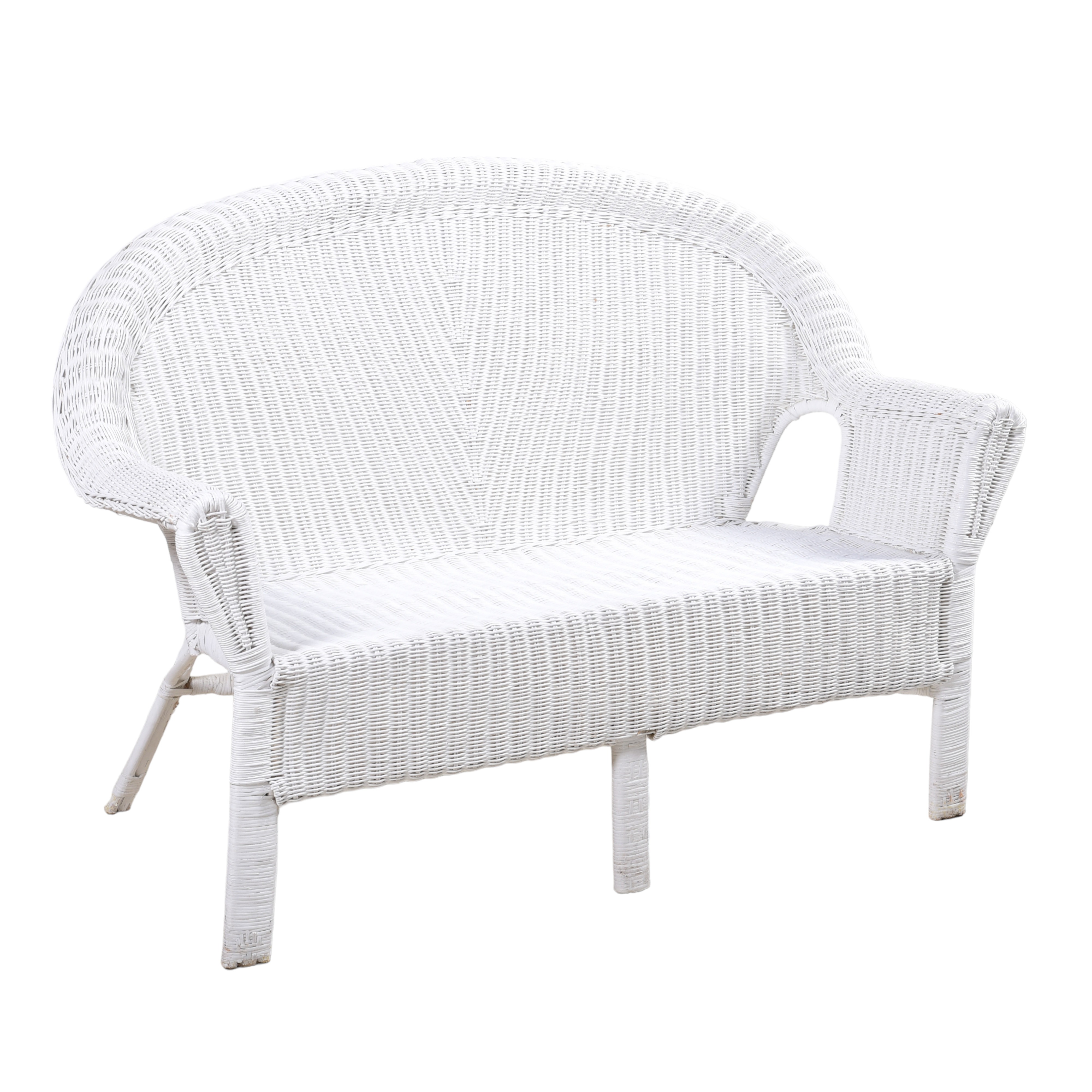 Wicker painted bench, white painted,