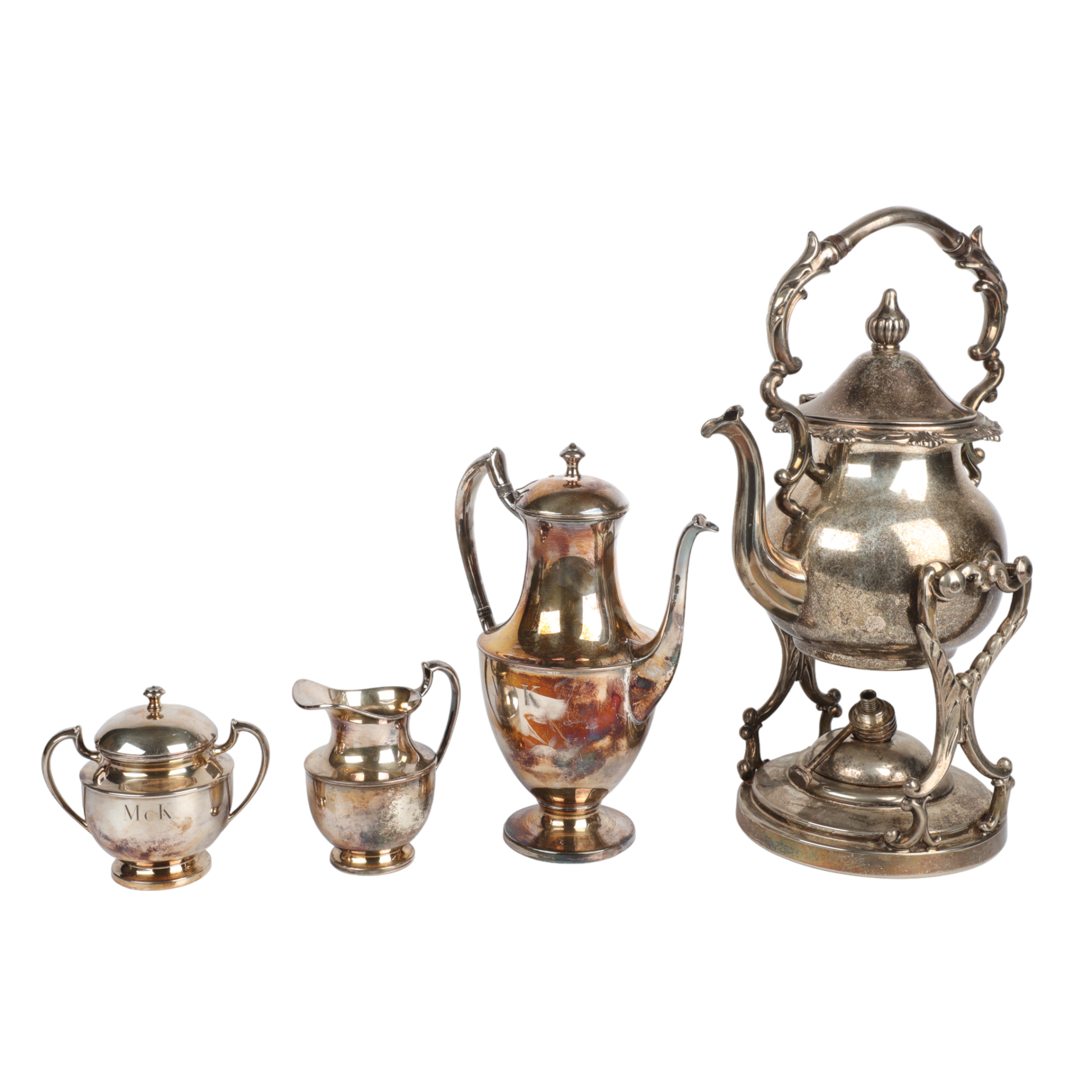 (4) Pcs silver plate, c/o Crescent teapot,