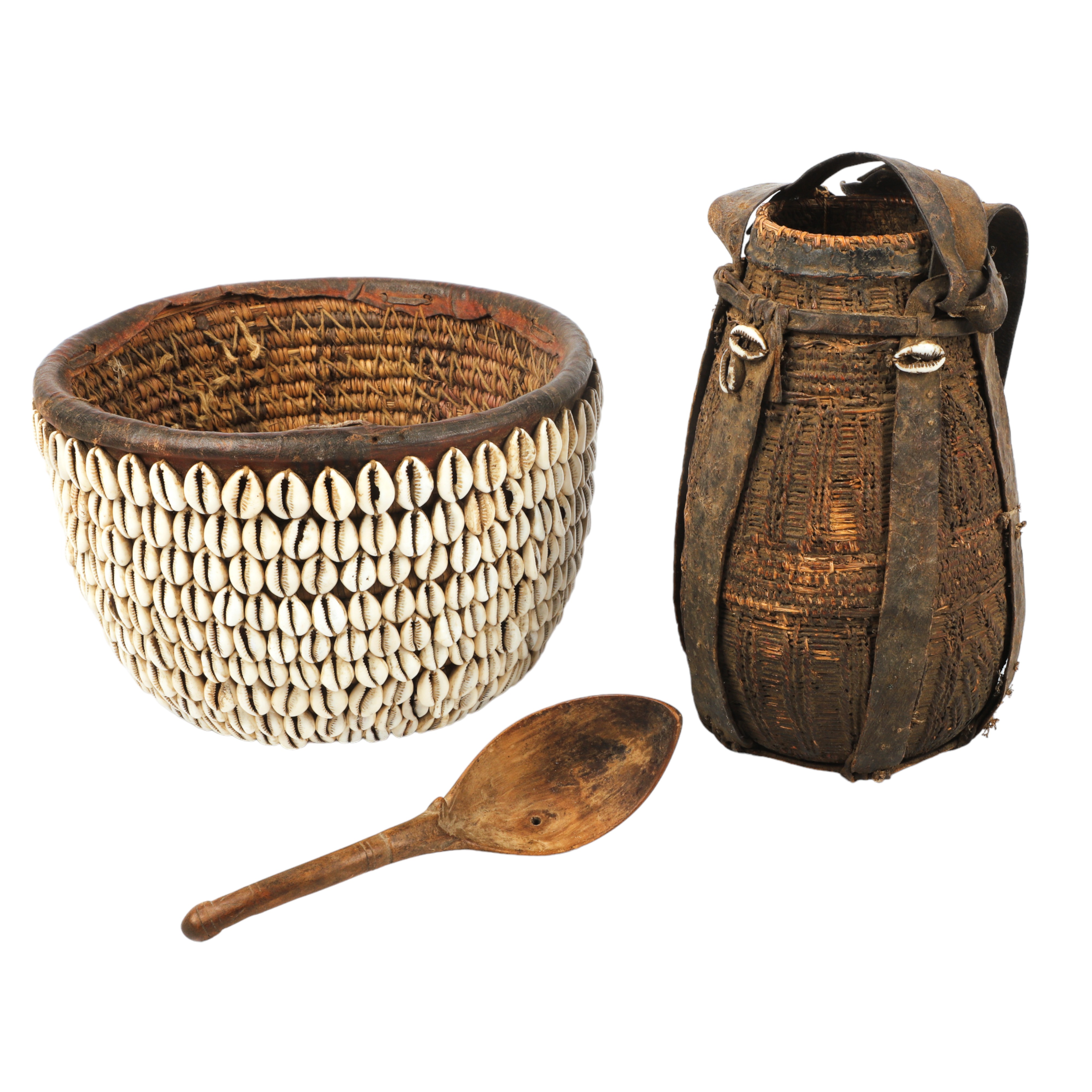 (2) African cowrie shell baskets,