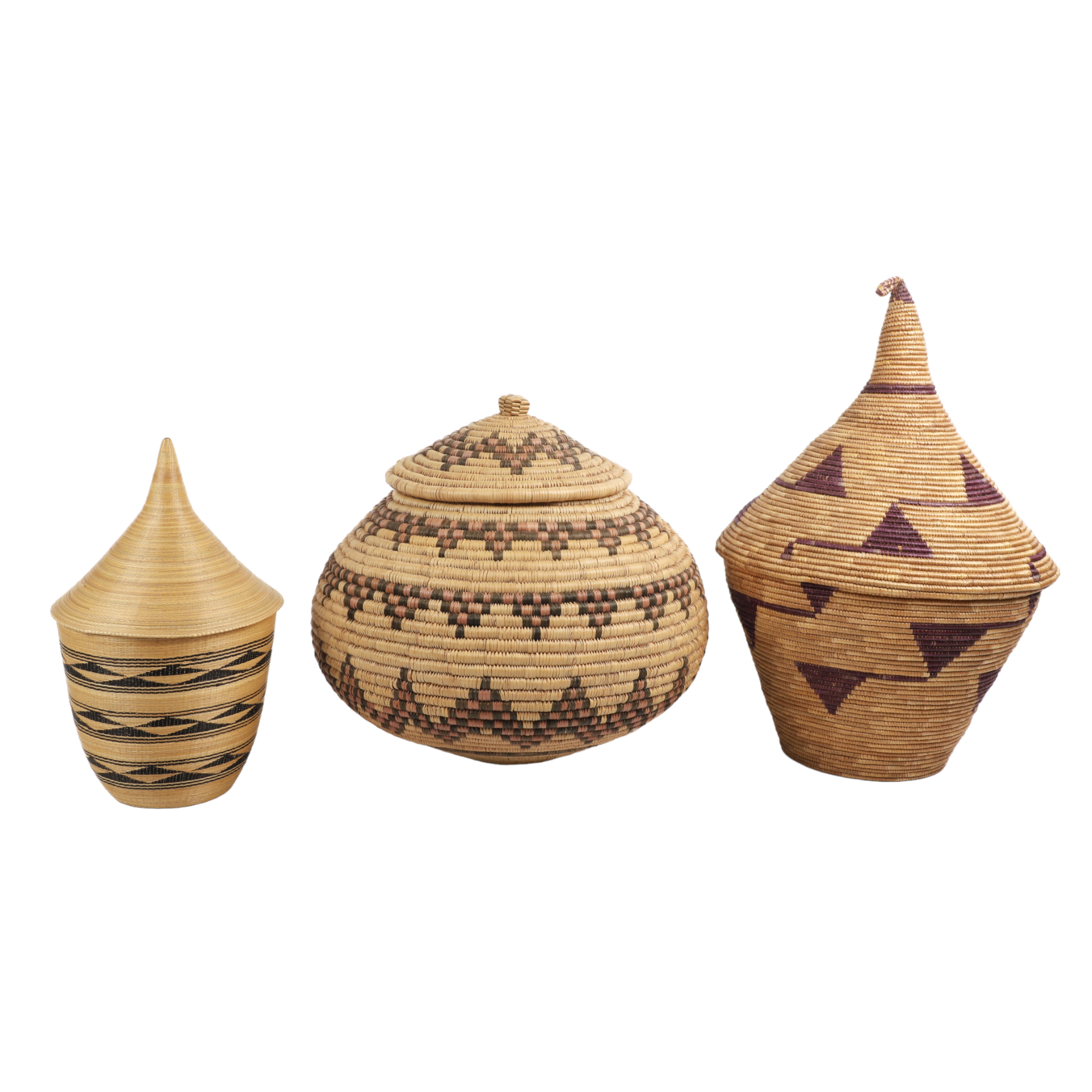 (3) Covered woven baskets, 19"H,