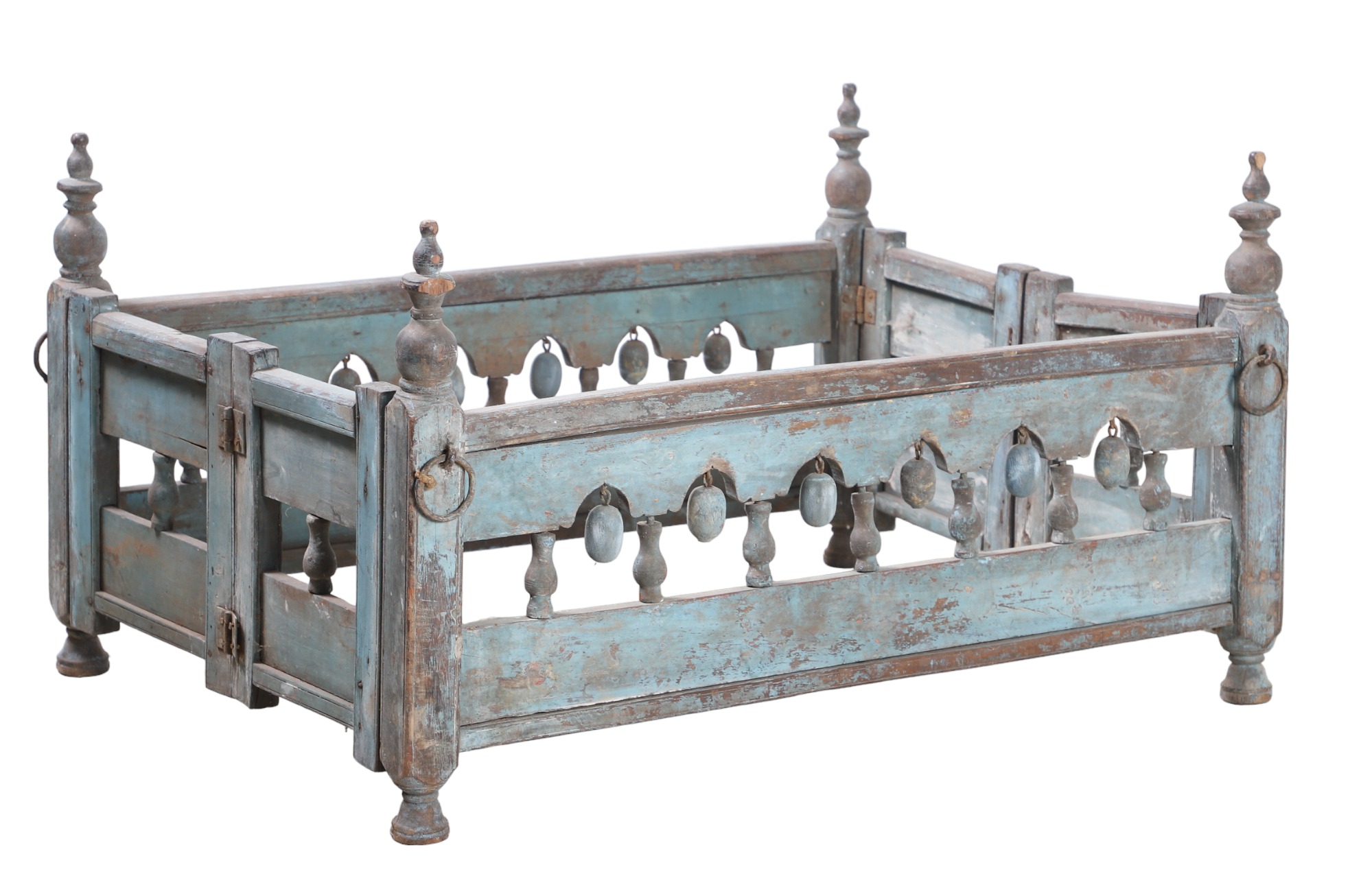 Indian wood folding crib, old blue