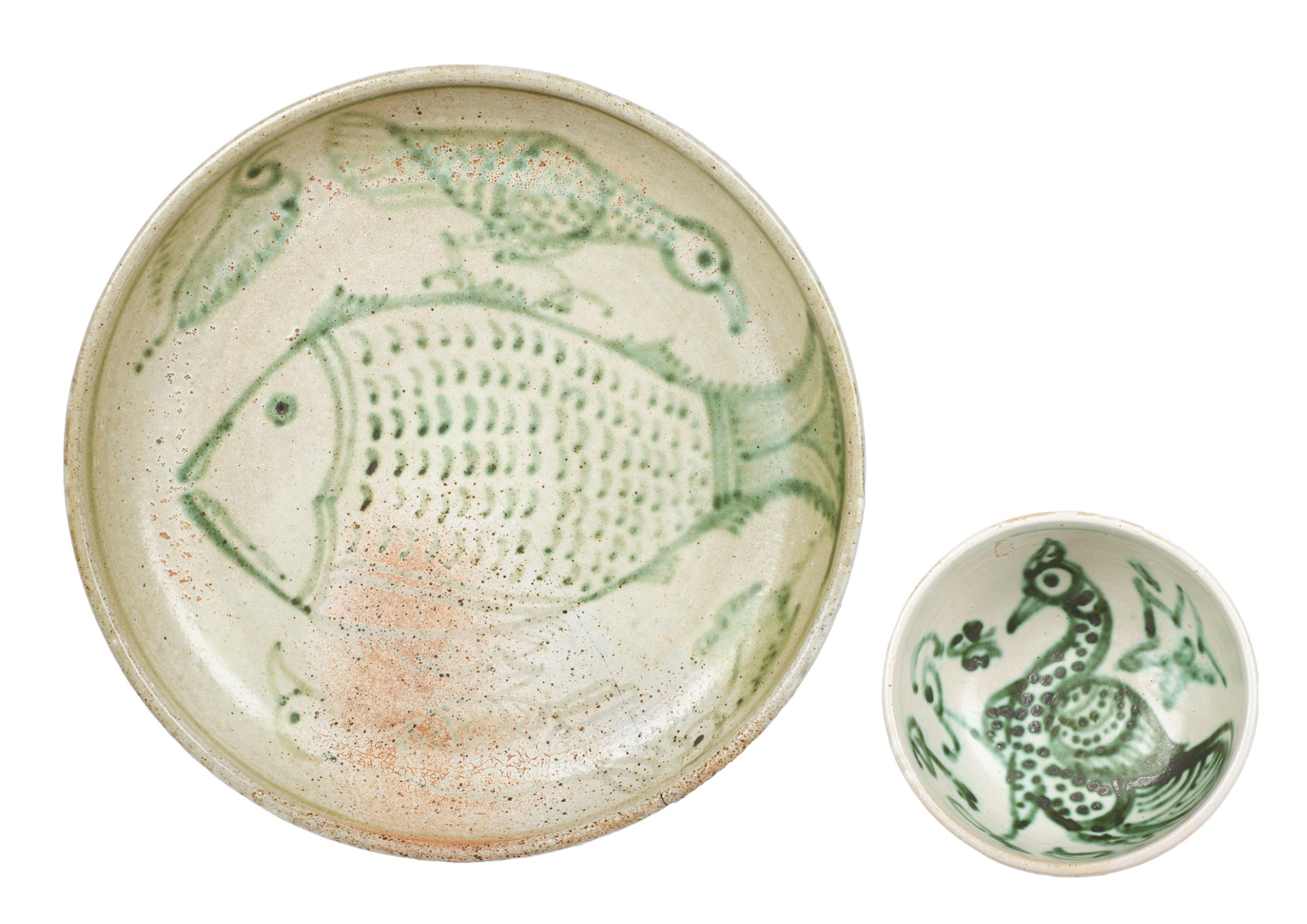 (2) Burmese stoneware bowls, green