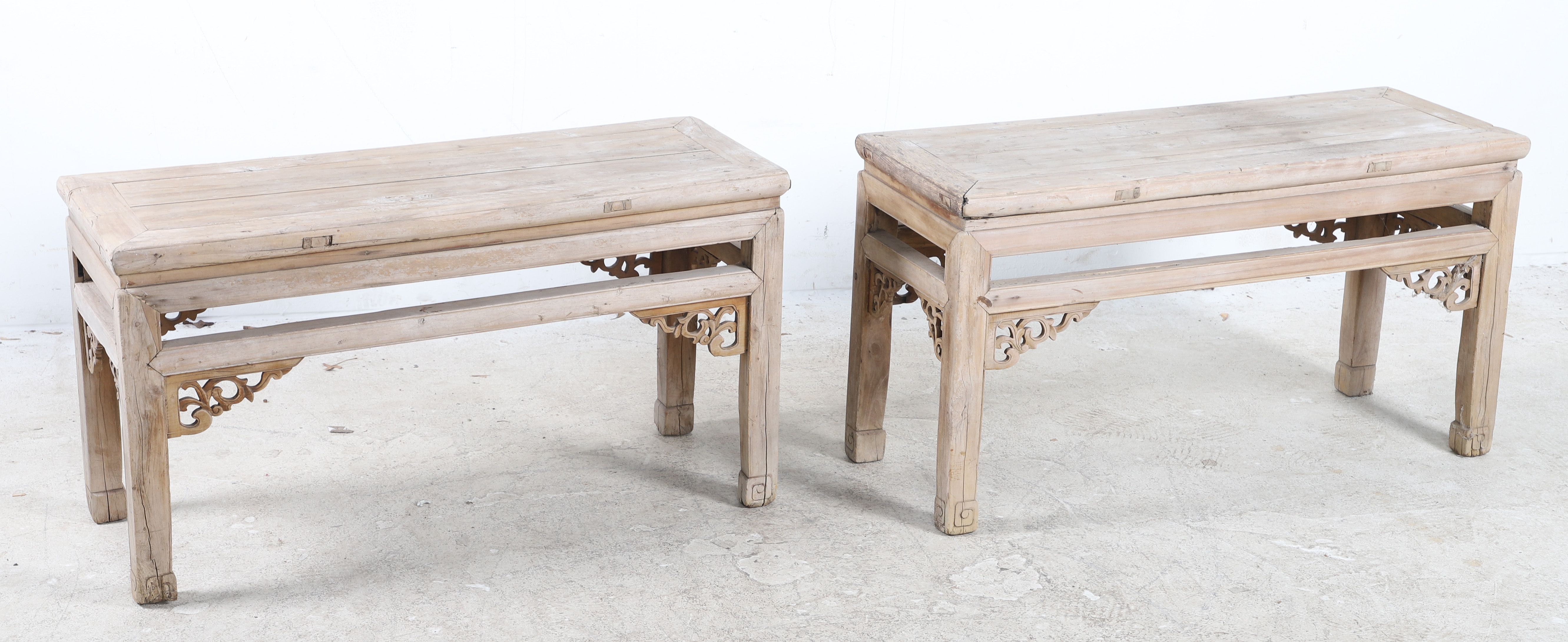 Pair Chinese carved benches, banded