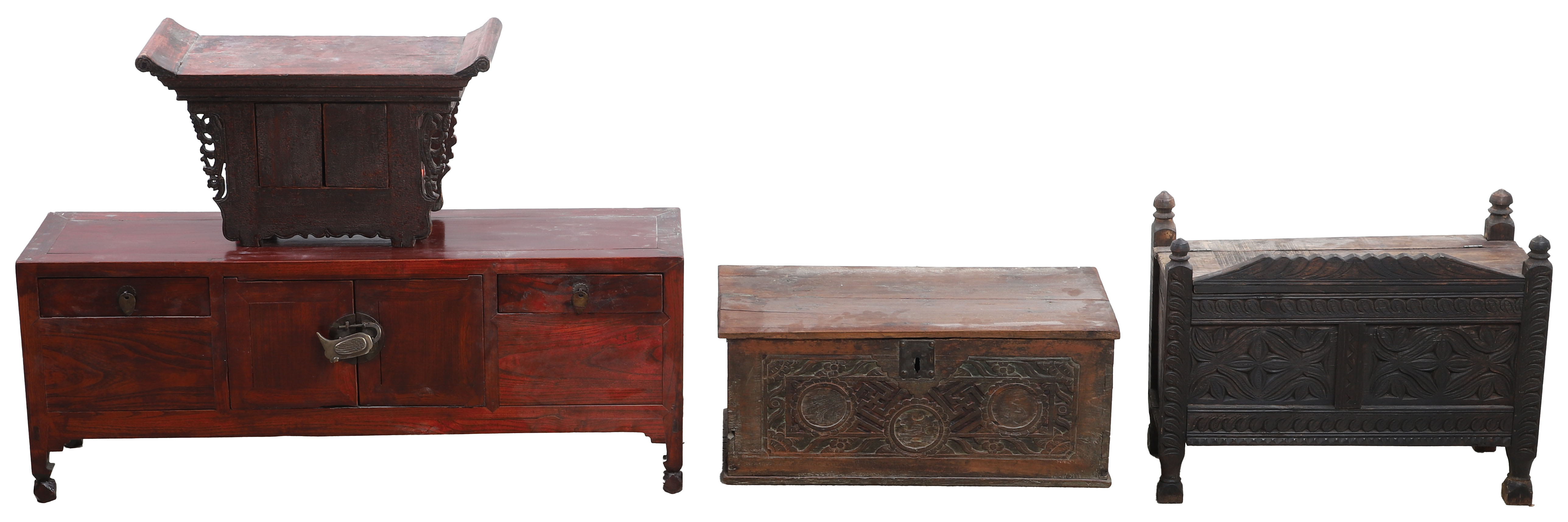 (4) Carved wood chests to include