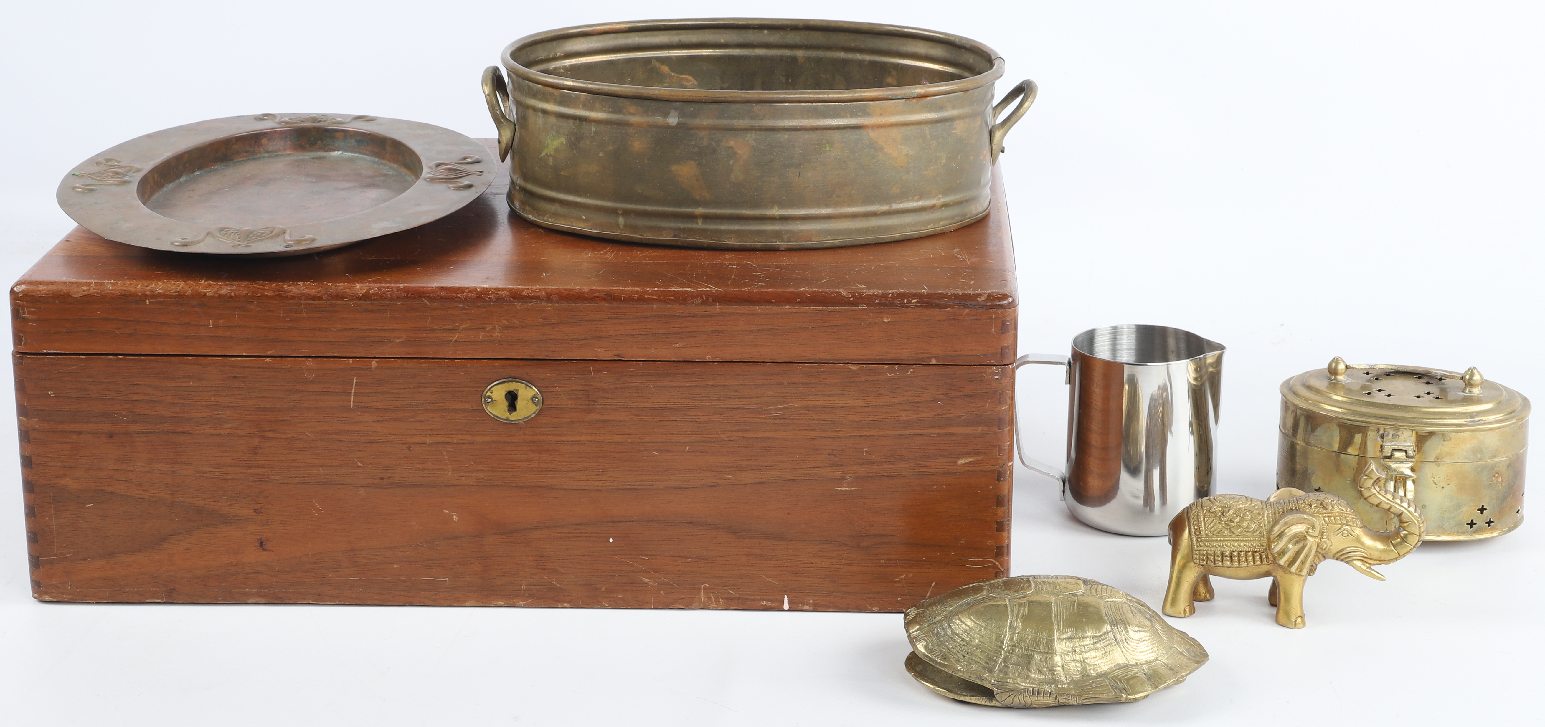 Mixed metal lot, c/o dovetailed wood