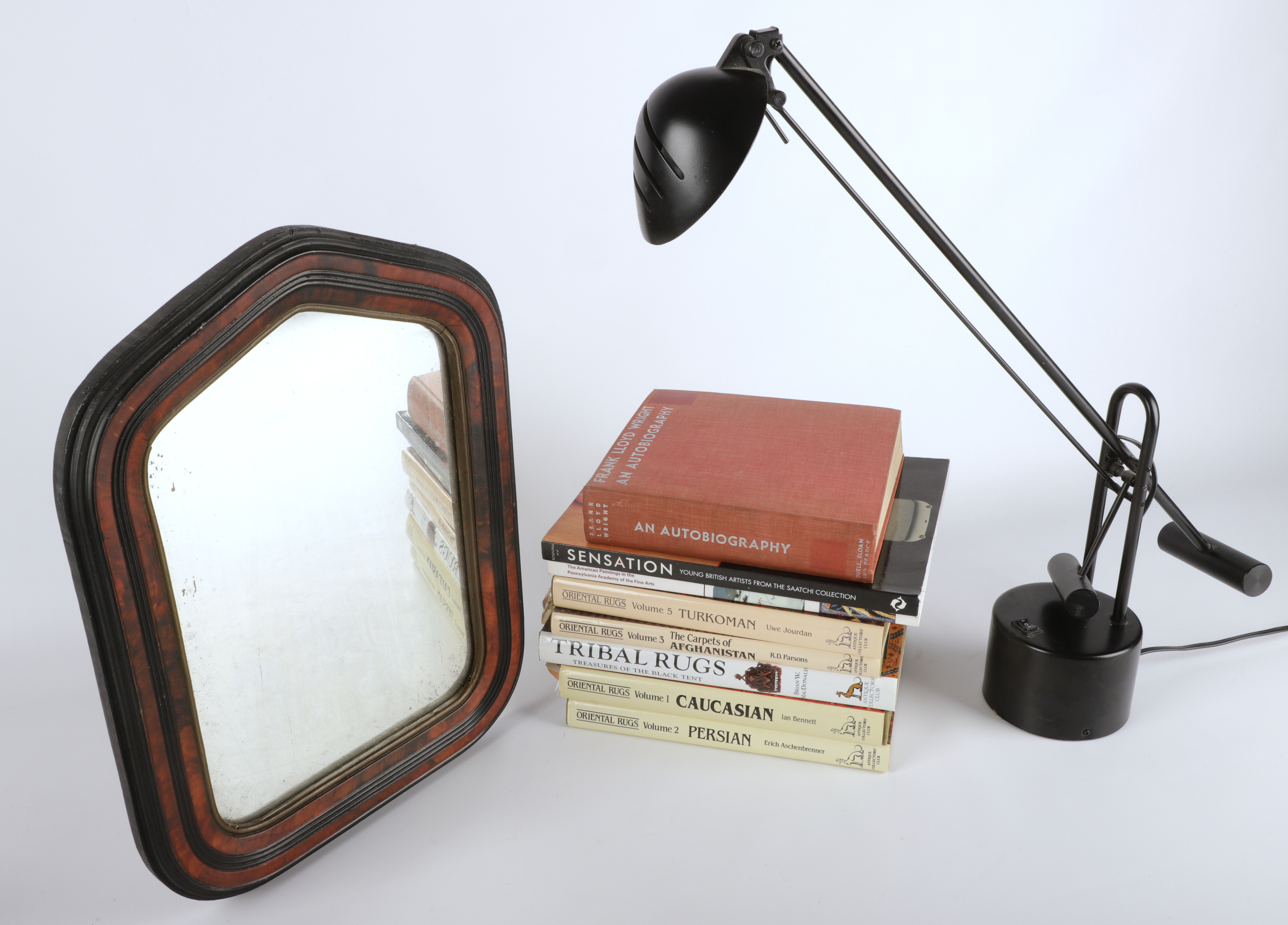Desk light mirror and book grouping 3ca8b0